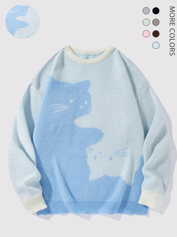 Men's Loose-Fit Cat Print Knit Jumper | Round Neck Jacquard Pullover – Casual Cartoon Sweater for Autumn Winter & Everyday Style