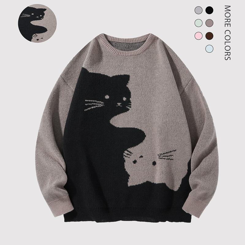 Men's Loose-Fit Cat Print Knit Jumper | Round Neck Jacquard Pullover – Casual Cartoon Sweater for Autumn Winter & Everyday Style