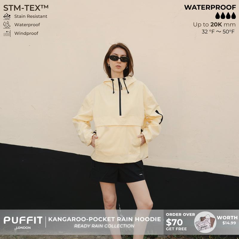 PUFFIT STM-TEX Waterproof Oversized Rain Jacket | Half-Zip Hooded Coat with Adjustable Waist, Hood & Cuffs – Lightweight Shell for All-Weather Wear