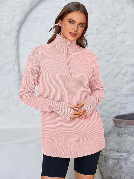 PRETTYGARDEN Women's Quarter Zip Pullover Sweater | V-Neck Collared Ribbed Knit with Thumb Holes – Cozy Loose-Fit Jumper for All Seasons