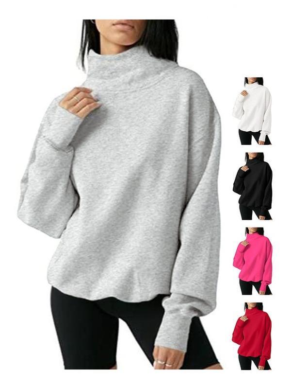 FISOEW Oversized Turtleneck Sweatshirt | Cozy Long Sleeve Pullover in Grey – Relaxed Fall Fashion for Women, Everyday Layering