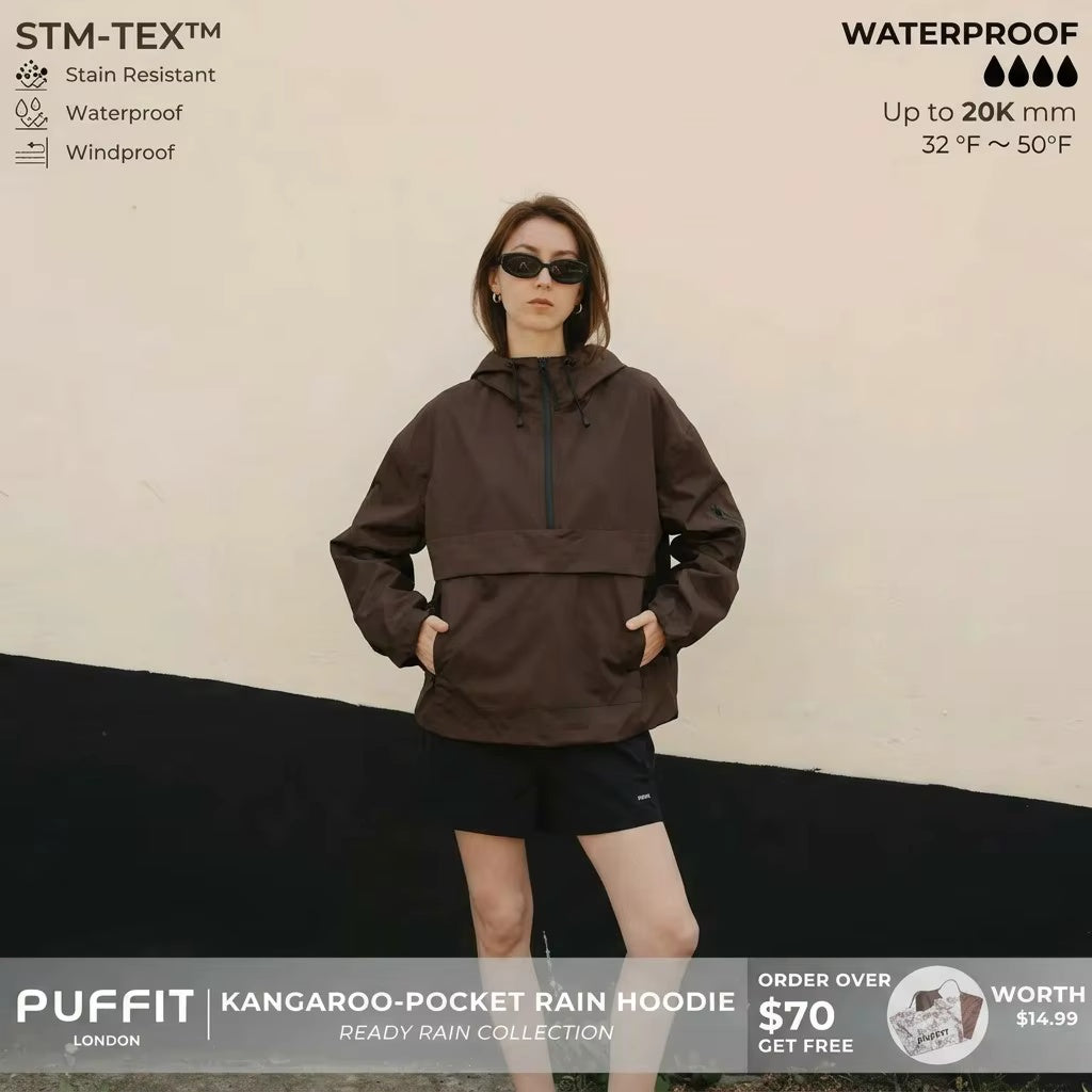 PUFFIT STM-TEX Waterproof Oversized Rain Jacket | Half-Zip Hooded Coat with Adjustable Waist, Hood & Cuffs – Lightweight Shell for All-Weather Wear