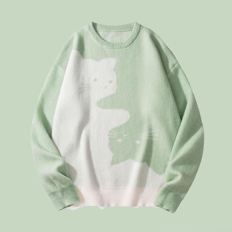 Men's Loose-Fit Cat Print Knit Jumper | Round Neck Jacquard Pullover – Casual Cartoon Sweater for Autumn Winter & Everyday Style