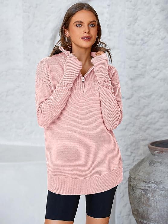 PRETTYGARDEN Women's Quarter Zip Pullover Sweater | V-Neck Collared Ribbed Knit with Thumb Holes – Cozy Loose-Fit Jumper for All Seasons