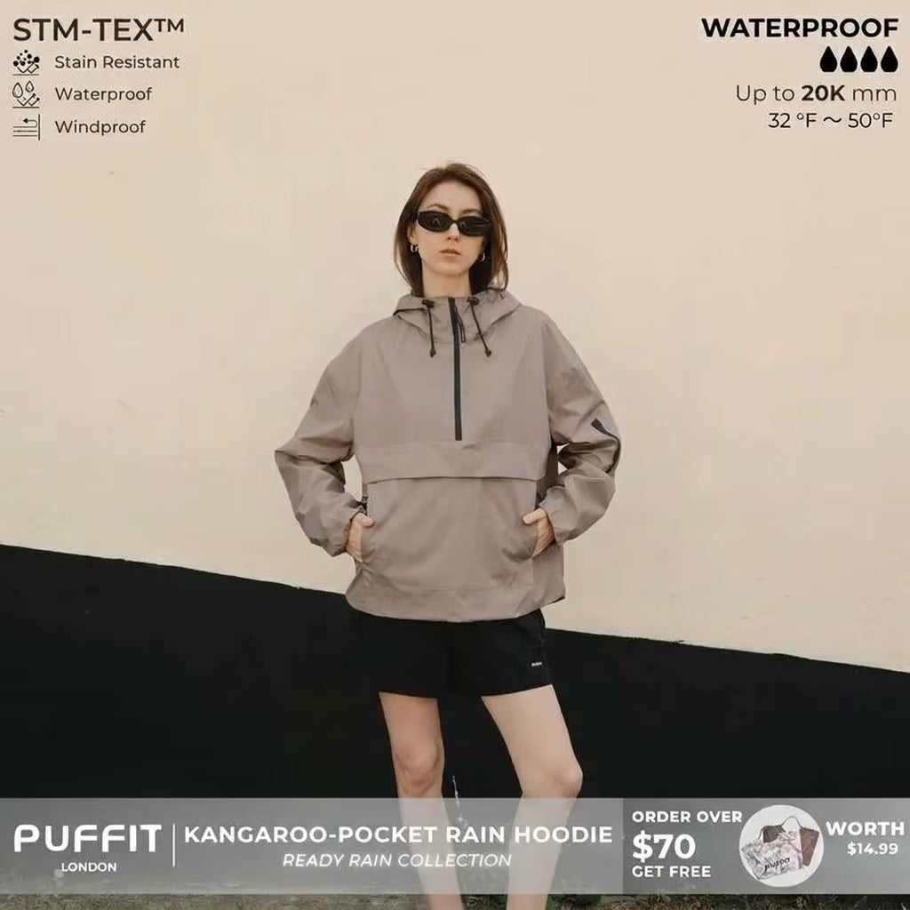 PUFFIT STM-TEX Waterproof Oversized Rain Jacket | Half-Zip Hooded Coat with Adjustable Waist, Hood & Cuffs – Lightweight Shell for All-Weather Wear
