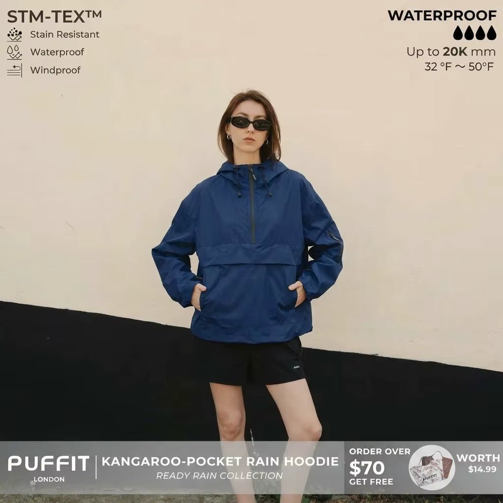 PUFFIT STM-TEX Waterproof Oversized Rain Jacket | Half-Zip Hooded Coat with Adjustable Waist, Hood & Cuffs – Lightweight Shell for All-Weather Wear