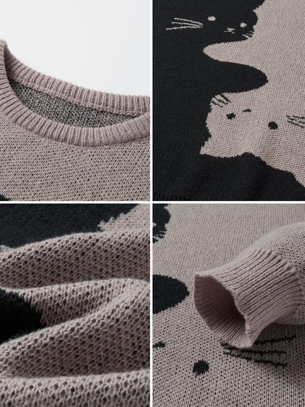 Men's Loose-Fit Cat Print Knit Jumper | Round Neck Jacquard Pullover – Casual Cartoon Sweater for Autumn Winter & Everyday Style