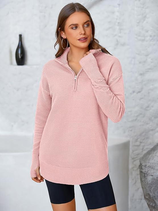 PRETTYGARDEN Women's Quarter Zip Pullover Sweater | V-Neck Collared Ribbed Knit with Thumb Holes – Cozy Loose-Fit Jumper for All Seasons