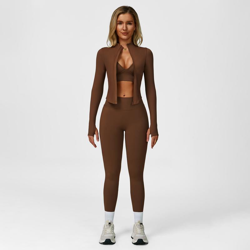MFVIM Women's 3-Piece Activewear Set | Criss Cross Crop Top, High Waist Leggings & Zip-Up Jacket – Breathable Gym & Yoga Outfit