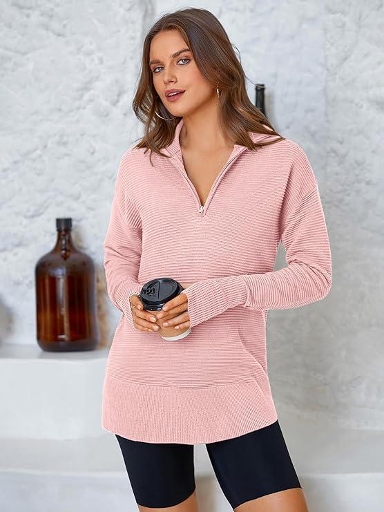 PRETTYGARDEN Women's Quarter Zip Pullover Sweater | V-Neck Collared Ribbed Knit with Thumb Holes – Cozy Loose-Fit Jumper for All Seasons