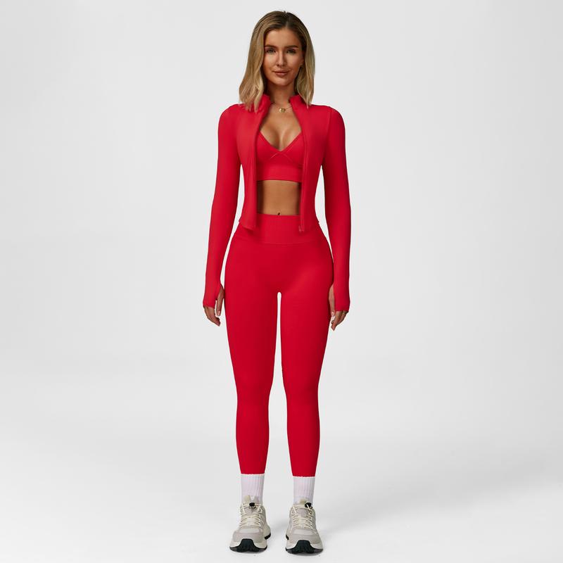 MFVIM Women's 3-Piece Activewear Set | Criss Cross Crop Top, High Waist Leggings & Zip-Up Jacket – Breathable Gym & Yoga Outfit
