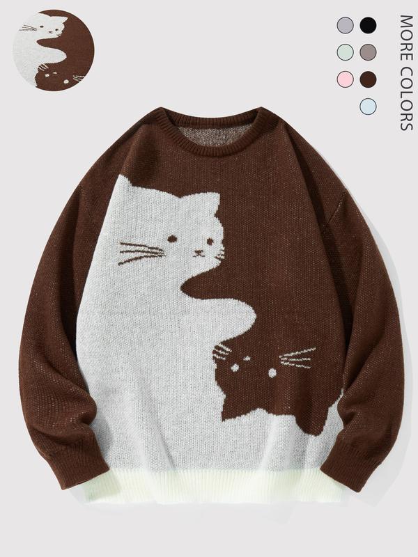 Men's Loose-Fit Cat Print Knit Jumper | Round Neck Jacquard Pullover – Casual Cartoon Sweater for Autumn Winter & Everyday Style