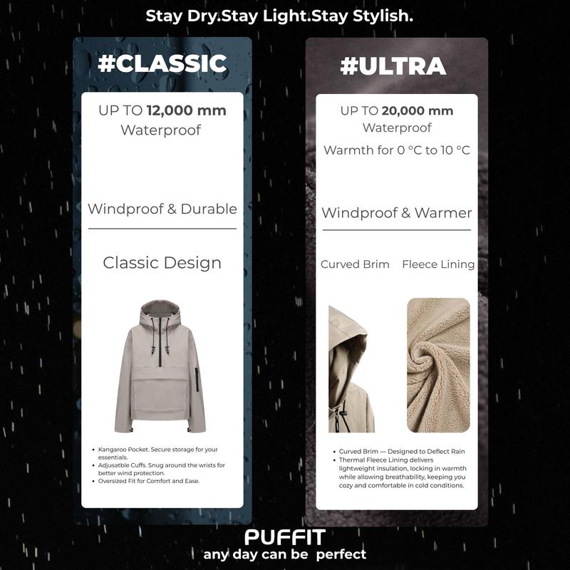 PUFFIT STM-TEX Waterproof Oversized Rain Jacket | Half-Zip Hooded Coat with Adjustable Waist, Hood & Cuffs – Lightweight Shell for All-Weather Wear