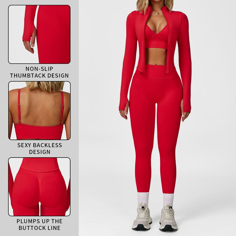 MFVIM Women's 3-Piece Activewear Set | Criss Cross Crop Top, High Waist Leggings & Zip-Up Jacket – Breathable Gym & Yoga Outfit