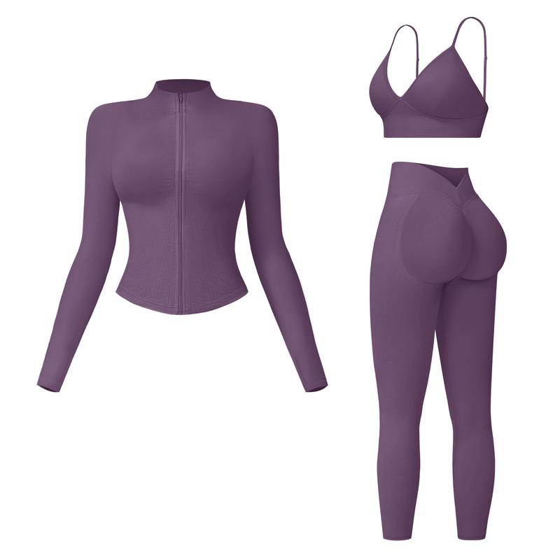 MFVIM Women's 3-Piece Activewear Set | Criss Cross Crop Top, High Waist Leggings & Zip-Up Jacket – Breathable Gym & Yoga Outfit