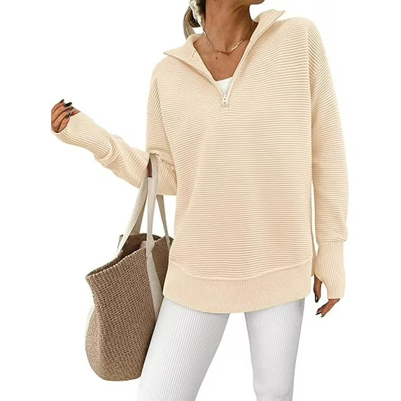 PRETTYGARDEN Women's Quarter Zip Pullover Sweater | V-Neck Collared Ribbed Knit with Thumb Holes – Cozy Loose-Fit Jumper for All Seasons