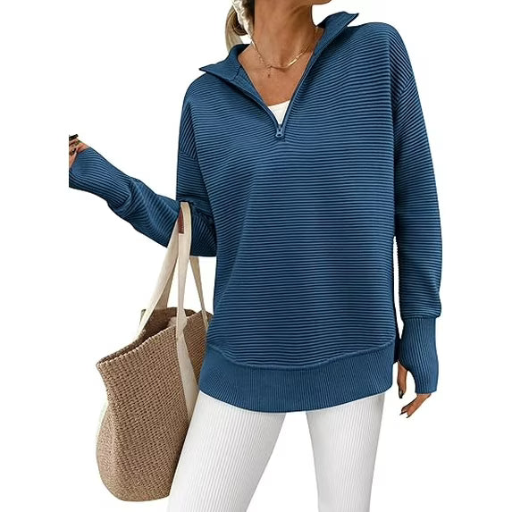 PRETTYGARDEN Women's Quarter Zip Pullover Sweater | V-Neck Collared Ribbed Knit with Thumb Holes – Cozy Loose-Fit Jumper for All Seasons