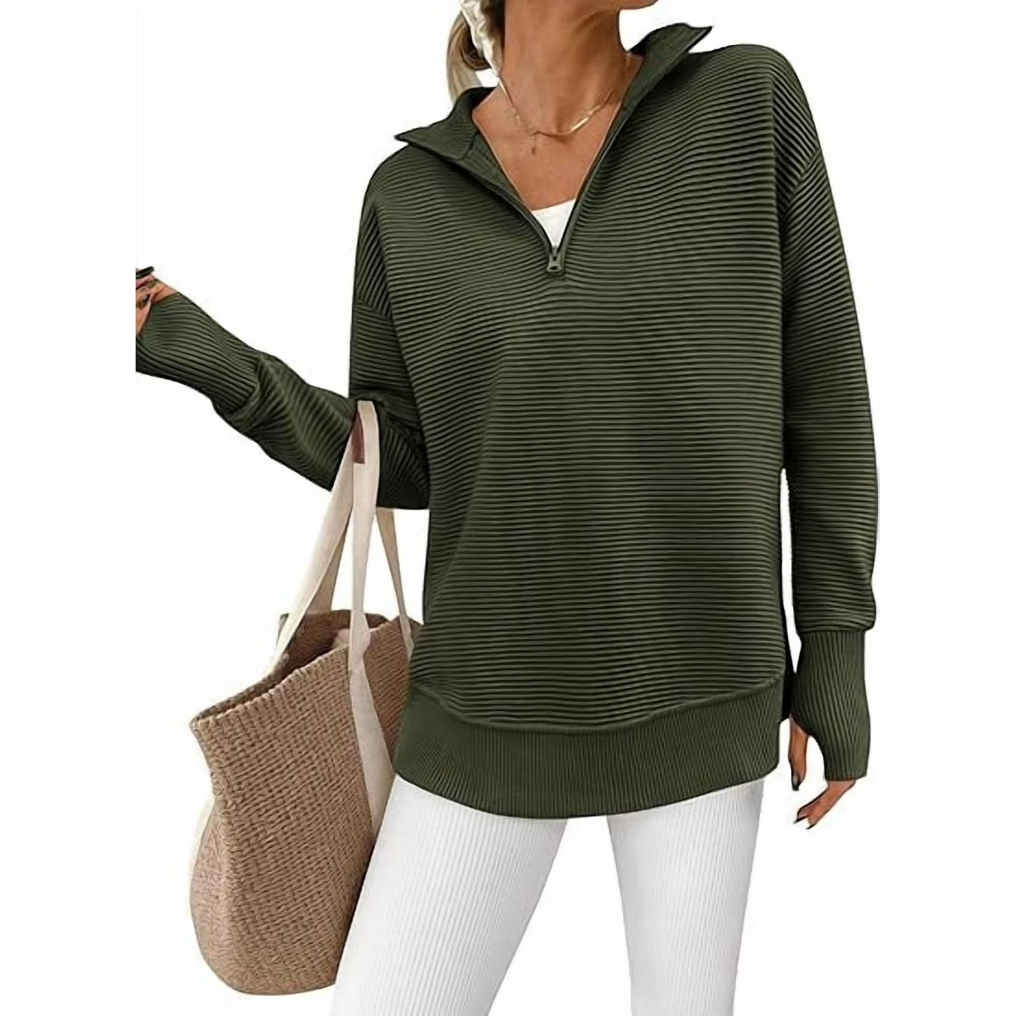 PRETTYGARDEN Women's Quarter Zip Pullover Sweater | V-Neck Collared Ribbed Knit with Thumb Holes – Cozy Loose-Fit Jumper for All Seasons