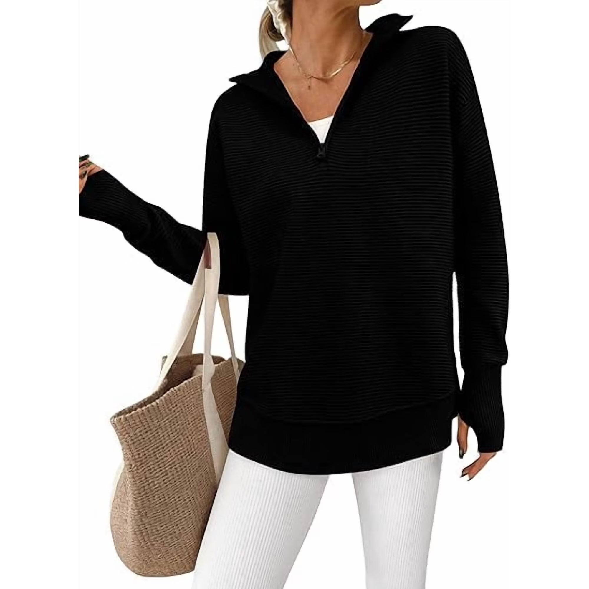 PRETTYGARDEN Women's Quarter Zip Pullover Sweater | V-Neck Collared Ribbed Knit with Thumb Holes – Cozy Loose-Fit Jumper for All Seasons