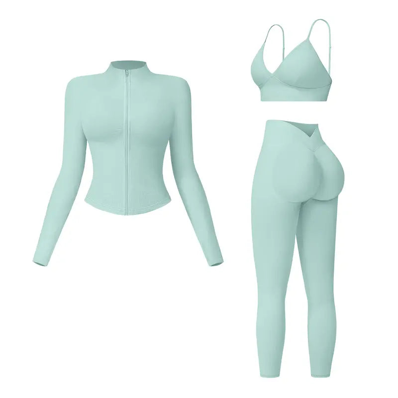 MFVIM Women's 3-Piece Activewear Set | Criss Cross Crop Top, High Waist Leggings & Zip-Up Jacket – Breathable Gym & Yoga Outfit