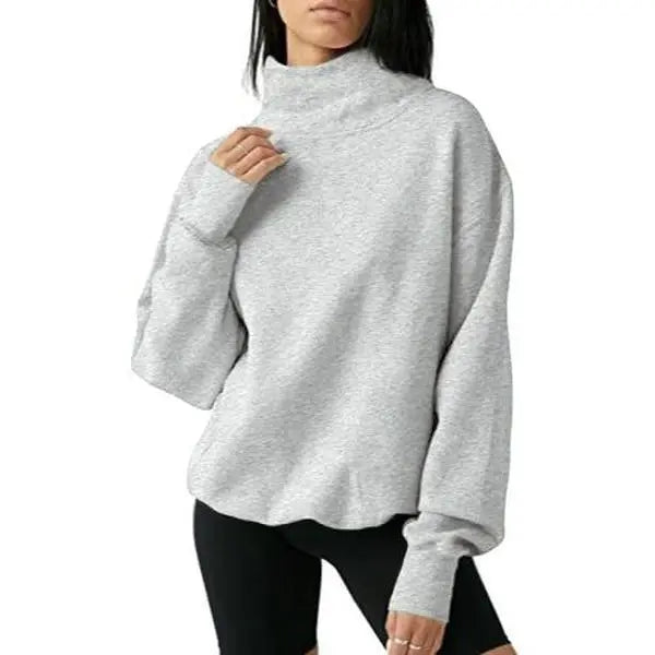 FISOEW Oversized Turtleneck Sweatshirt | Cozy Long Sleeve Pullover in Grey – Relaxed Fall Fashion for Women, Everyday Layering