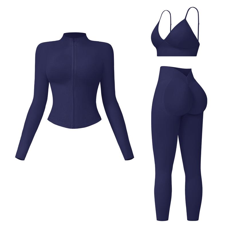 MFVIM Women's 3-Piece Activewear Set | Criss Cross Crop Top, High Waist Leggings & Zip-Up Jacket – Breathable Gym & Yoga Outfit