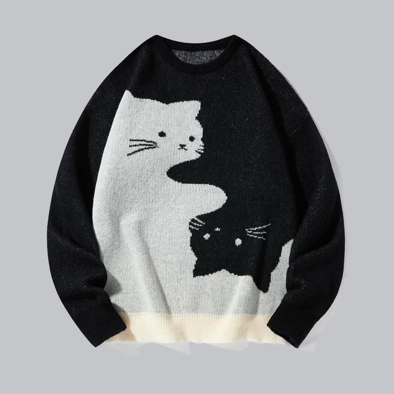 Men's Loose-Fit Cat Print Knit Jumper | Round Neck Jacquard Pullover – Casual Cartoon Sweater for Autumn Winter & Everyday Style