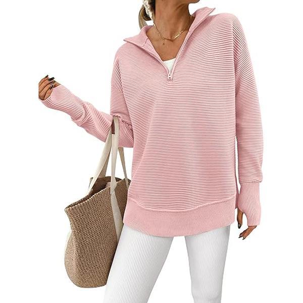 PRETTYGARDEN Women's Quarter Zip Pullover Sweater | V-Neck Collared Ribbed Knit with Thumb Holes – Cozy Loose-Fit Jumper for All Seasons