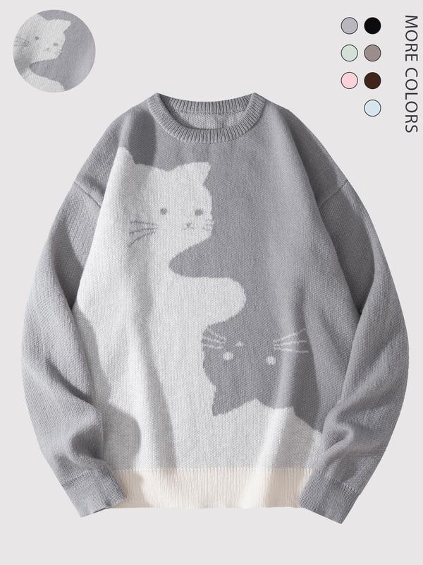 Men's Loose-Fit Cat Print Knit Jumper | Round Neck Jacquard Pullover – Casual Cartoon Sweater for Autumn Winter & Everyday Style