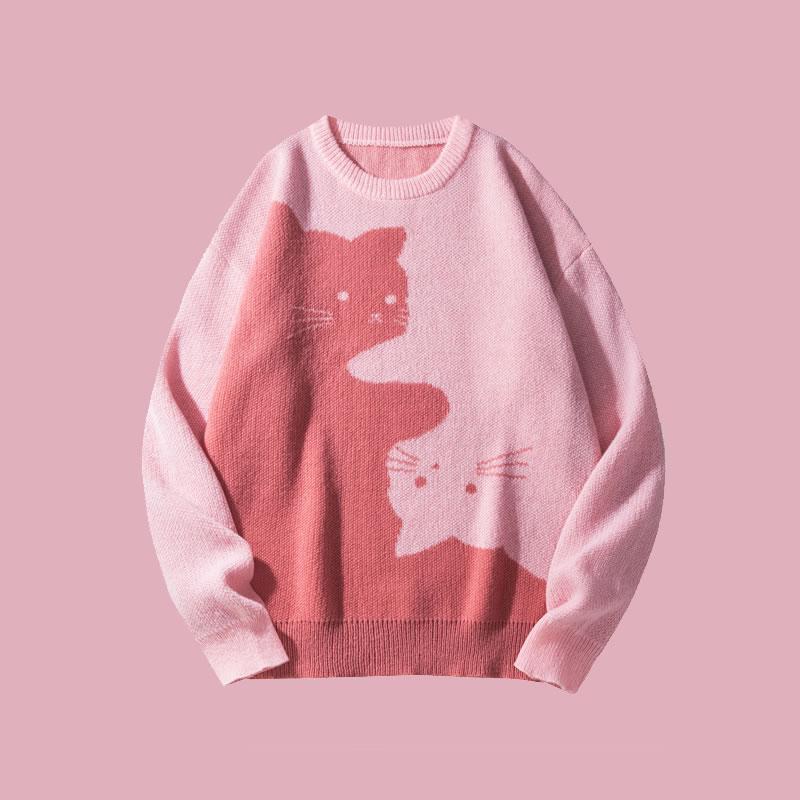 Men's Loose-Fit Cat Print Knit Jumper | Round Neck Jacquard Pullover – Casual Cartoon Sweater for Autumn Winter & Everyday Style